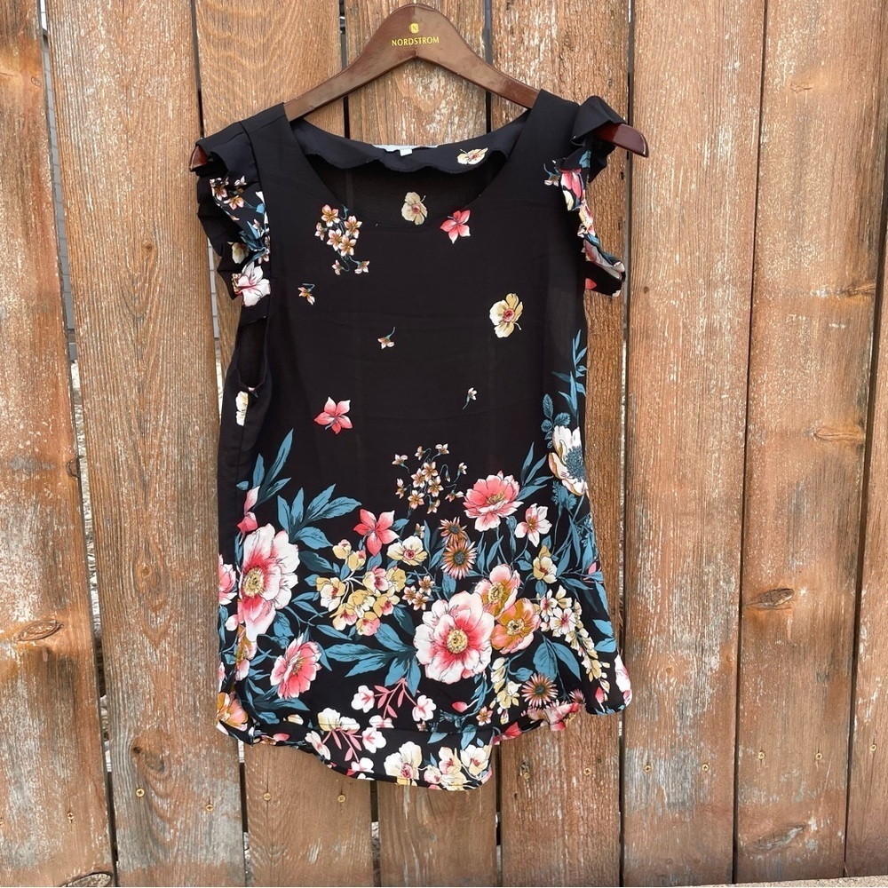 SWEET RAIN Women’s Black Floral Ruffle Sleeve Top Blouse Size Medium